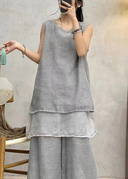 Art Grey Solid Side Open Cotton Tank Summer AU1044 MZF-240903