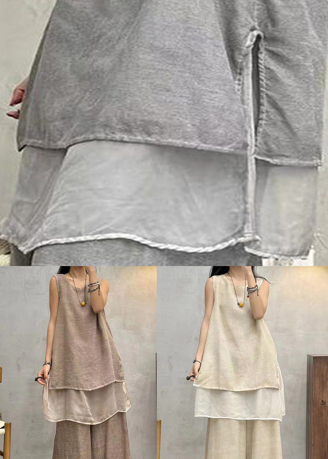 Art Grey Solid Side Open Cotton Tank Summer AU1044 MZF-240903