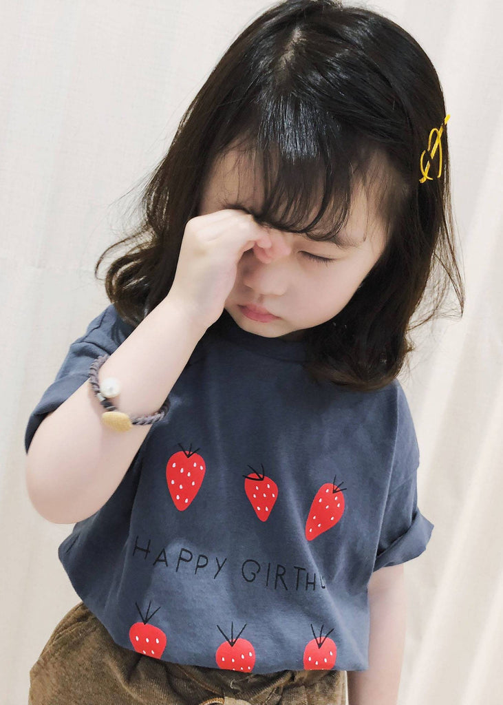 Art Grey Strawberry Print Kids Girls Tops Short Sleeve YU1063 WS-RCTZ-STP240529