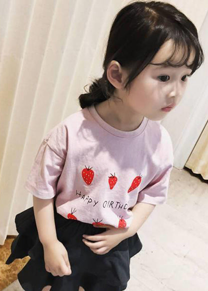 Art Grey Strawberry Print Kids Girls Tops Short Sleeve YU1063 WS-RCTZ-STP240529