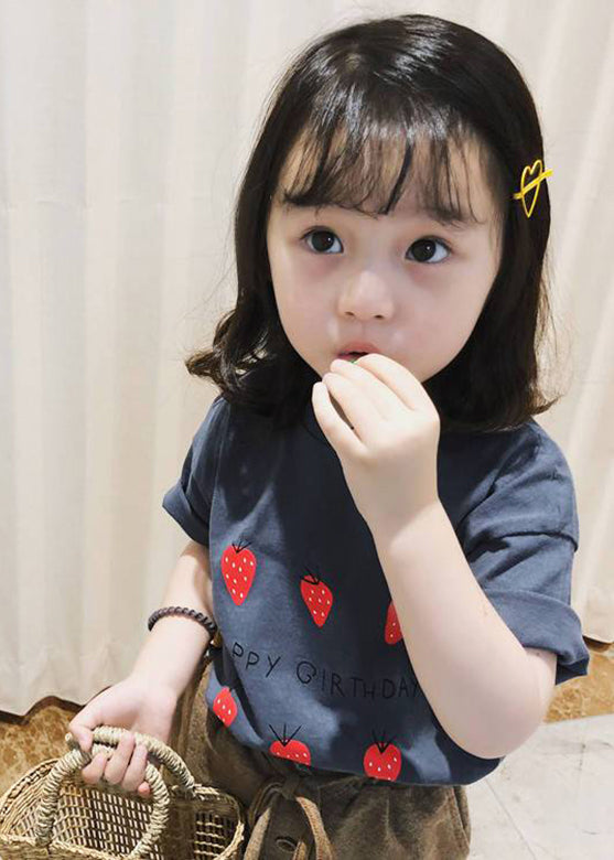 Art Grey Strawberry Print Kids Girls Tops Short Sleeve YU1063 WS-RCTZ-STP240529