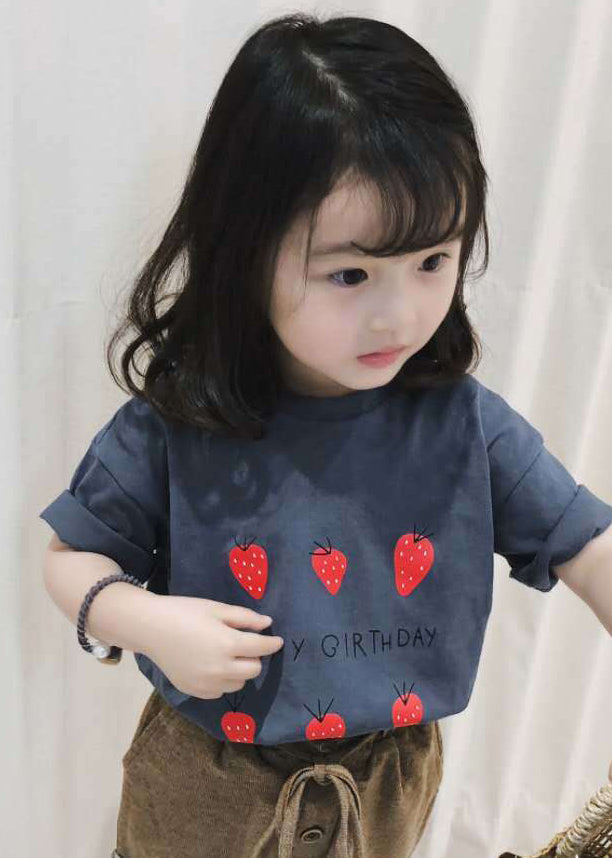 Art Grey Strawberry Print Kids Girls Tops Short Sleeve YU1063 WS-RCTZ-STP240529