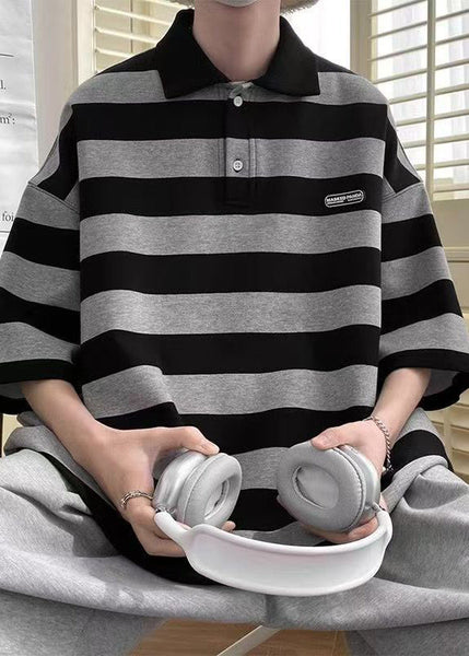 Art Polo Grey Button Striped Half Mens Cotton Sleeve Shirts FashionChic