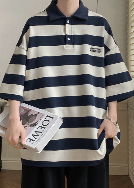 Art Polo Grey Button Striped Half Mens Cotton Sleeve Shirts FashionChic