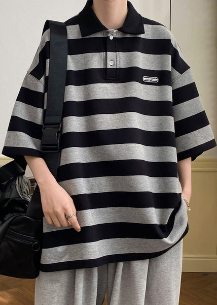 Art Polo Grey Button Striped Half Mens Cotton Sleeve Shirts FashionChic