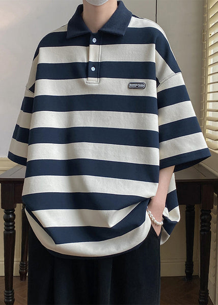 Art Polo Grey Button Striped Half Mens Cotton Sleeve Shirts FashionChic