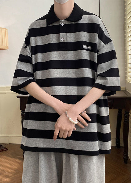 Art Polo Grey Button Striped Half Mens Cotton Sleeve Shirts FashionChic