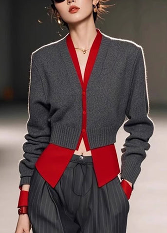 Art Pieces Knit Patchwork Sweater Spring Neck Grey V Two False FashionChic