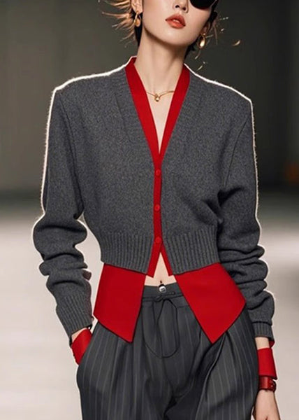 Art Pieces Knit Patchwork Sweater Spring Neck Grey V Two False FashionChic