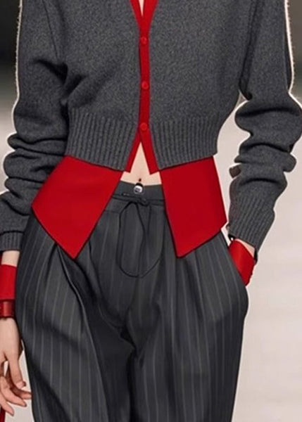 Art Pieces Knit Patchwork Sweater Spring Neck Grey V Two False FashionChic