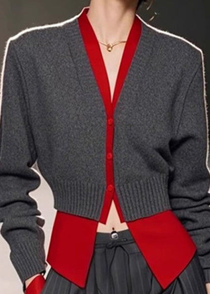Art Pieces Knit Patchwork Sweater Spring Neck Grey V Two False FashionChic