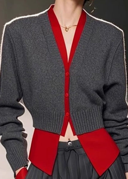 Art Pieces Knit Patchwork Sweater Spring Neck Grey V Two False FashionChic