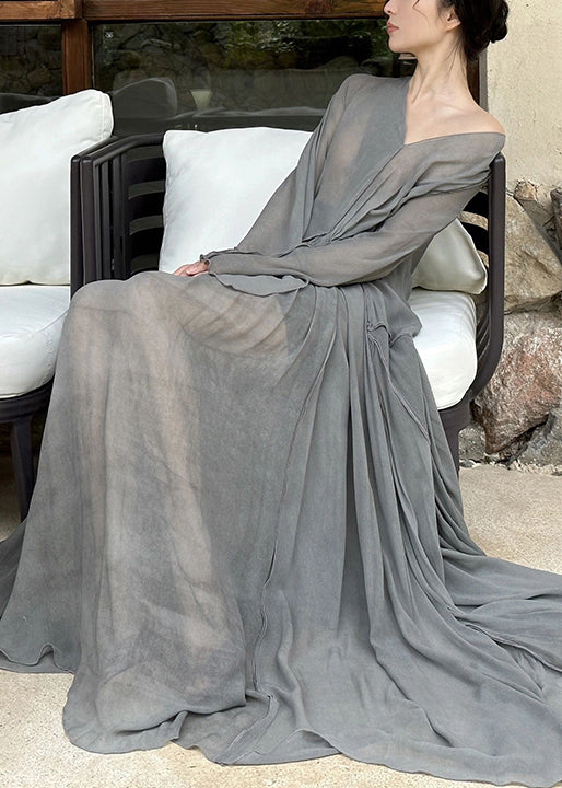 Art Grey V Neck Wrinkled Cotton Maxi Dresses Long Sleeve EE1064 SH-LF-FDL240517