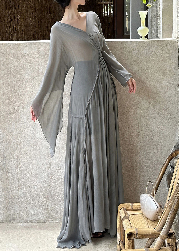 Art Grey V Neck Wrinkled Cotton Maxi Dresses Long Sleeve EE1064 SH-LF-FDL240517