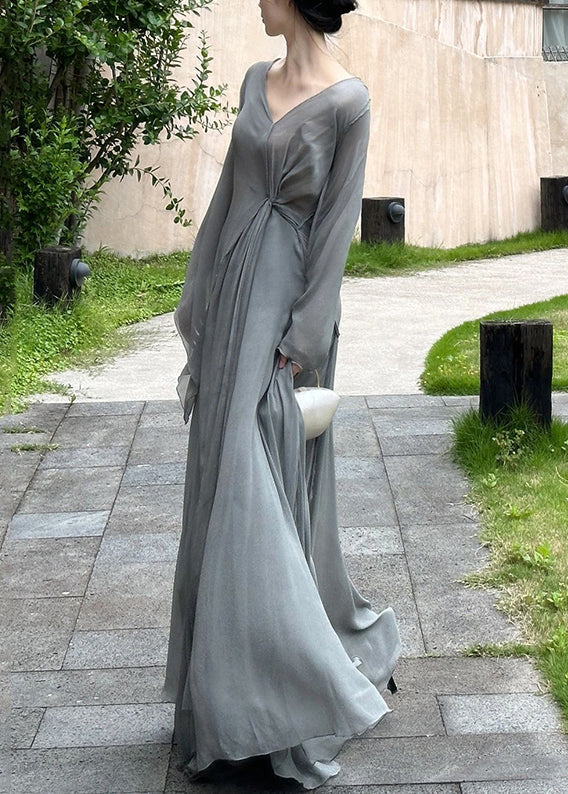 Art Grey V Neck Wrinkled Cotton Maxi Dresses Long Sleeve EE1064 SH-LF-FDL240517