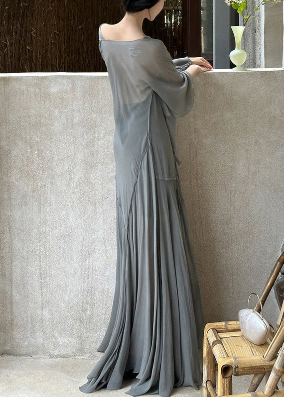 Art Grey V Neck Wrinkled Cotton Maxi Dresses Long Sleeve EE1064 SH-LF-FDL240517