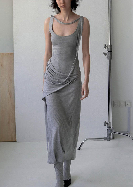 Solid Grey Cotton Art Dress Strap Spaghetti Wrinkled Sleeveless FashionChic