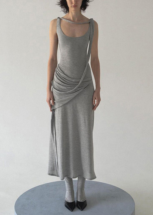 Solid Grey Cotton Art Dress Strap Spaghetti Wrinkled Sleeveless FashionChic
