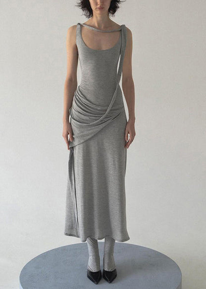 Solid Grey Cotton Art Dress Strap Spaghetti Wrinkled Sleeveless FashionChic