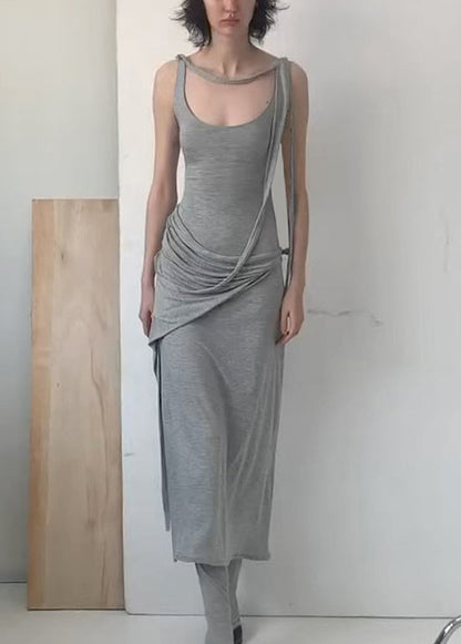 Solid Grey Cotton Art Dress Strap Spaghetti Wrinkled Sleeveless FashionChic
