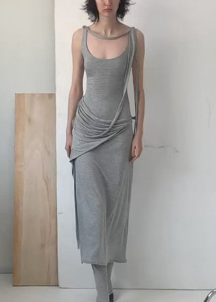 Solid Grey Cotton Art Dress Strap Spaghetti Wrinkled Sleeveless FashionChic