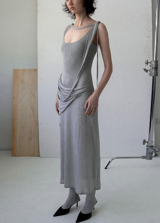 Solid Grey Cotton Art Dress Strap Spaghetti Wrinkled Sleeveless FashionChic