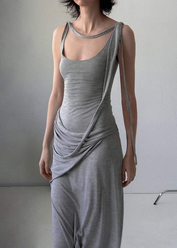 Solid Grey Cotton Art Dress Strap Spaghetti Wrinkled Sleeveless FashionChic