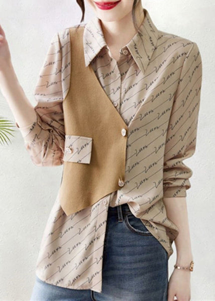 Asymmetrical Patchwork Blouse Cotton Print Art Fall Khaki FashionChic
