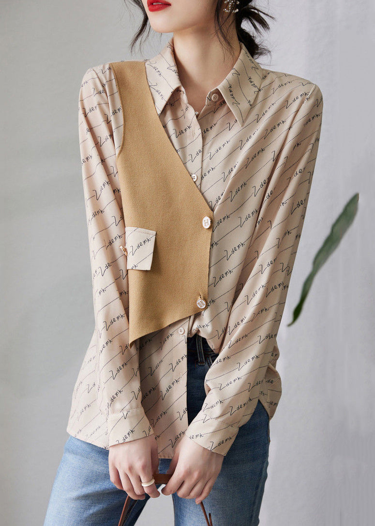 Asymmetrical Patchwork Blouse Cotton Print Art Fall Khaki FashionChic