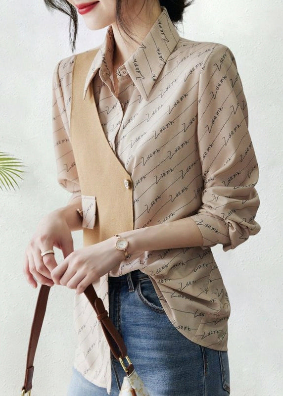 Asymmetrical Patchwork Blouse Cotton Print Art Fall Khaki FashionChic