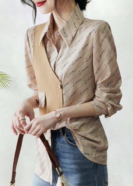 Asymmetrical Patchwork Blouse Cotton Print Art Fall Khaki FashionChic
