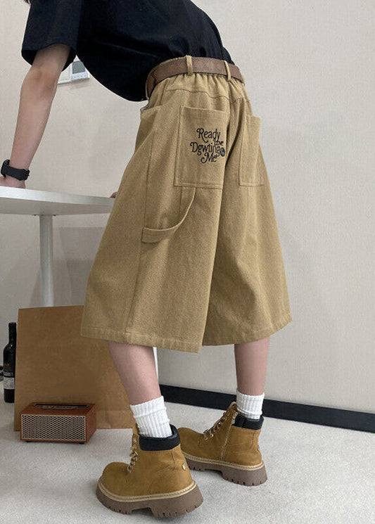 Art Mens Pockets Crop Summer High Pants Waist Khaki Letter FashionChic