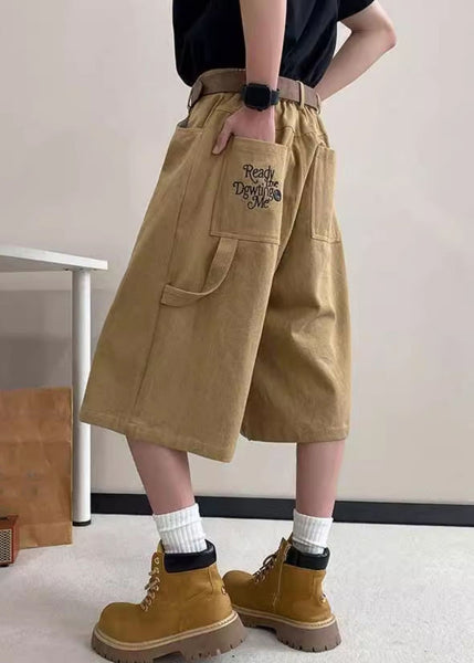 Art Mens Pockets Crop Summer High Pants Waist Khaki Letter FashionChic