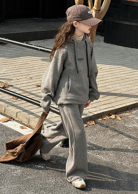 Art Khaki Patchwork Thick Hooded Kids Sweatshirt And Wide Leg Pants Two Piece Set Spring TR014 ABC