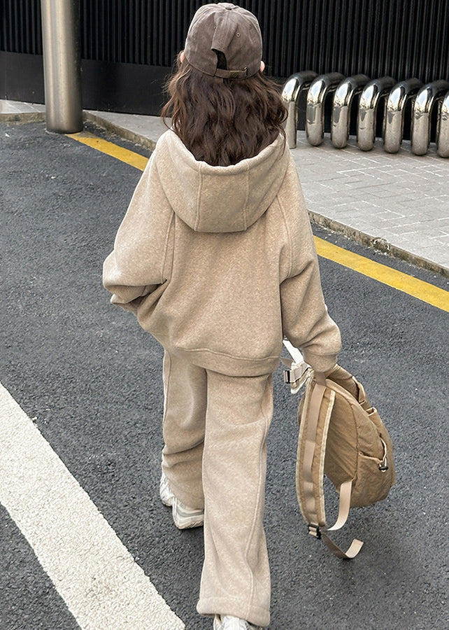 Art Khaki Patchwork Thick Hooded Kids Sweatshirt And Wide Leg Pants Two Piece Set Spring TR014 ABC