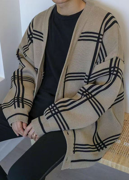 Khaki Spring Art Knit Men Button Plaid Cardigans FashionChic