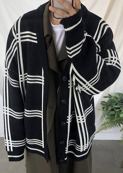 Khaki Spring Art Knit Men Button Plaid Cardigans FashionChic