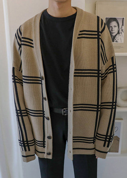 Khaki Spring Art Knit Men Button Plaid Cardigans FashionChic