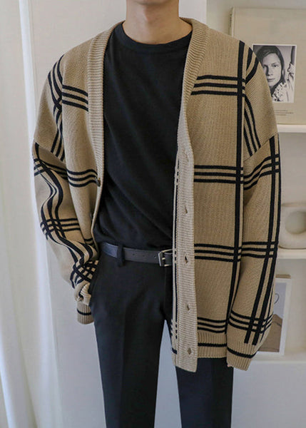 Khaki Spring Art Knit Men Button Plaid Cardigans FashionChic