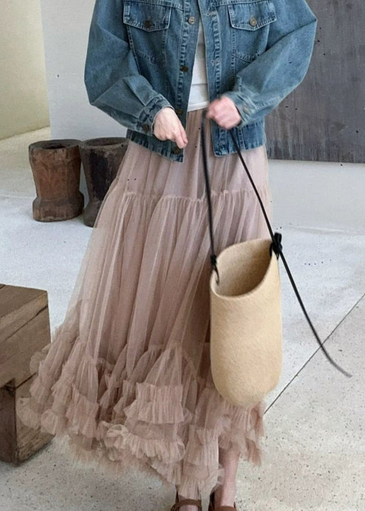 Ruffled Khaki Summer Elastic Skirt Art Tulle Waist FashionChic