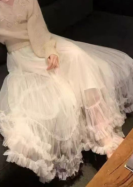 Ruffled Khaki Summer Elastic Skirt Art Tulle Waist FashionChic