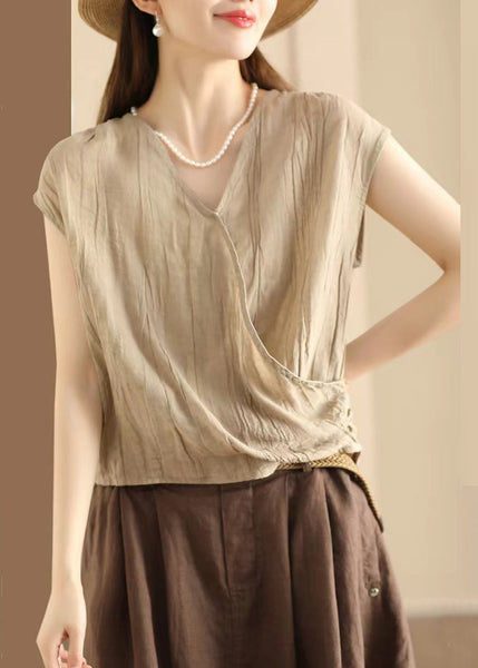Wrinkled Neck Art Sleeveless V Khaki T Shirt Cotton FashionChic