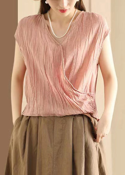 Wrinkled Neck Art Sleeveless V Khaki T Shirt Cotton FashionChic
