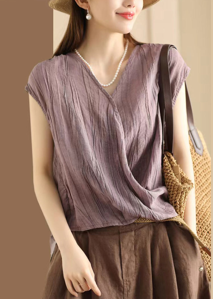 Wrinkled Neck Art Sleeveless V Khaki T Shirt Cotton FashionChic
