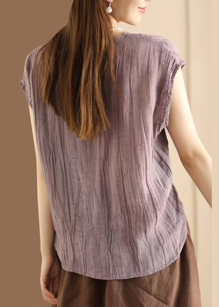 Wrinkled Neck Art Sleeveless V Khaki T Shirt Cotton FashionChic