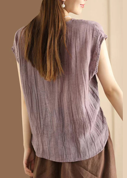 Wrinkled Neck Art Sleeveless V Khaki T Shirt Cotton FashionChic