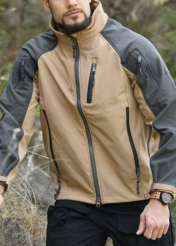 Spring Khaki Fleece Art Coat Men Zip Up Warm Patchwork Pockets FashionChic