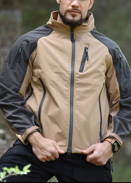 Spring Khaki Fleece Art Coat Men Zip Up Warm Patchwork Pockets FashionChic