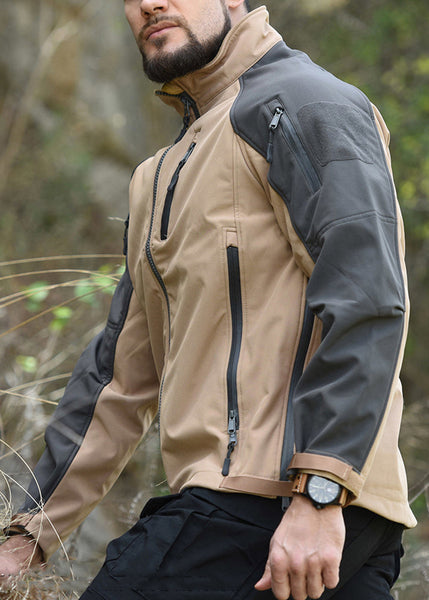 Spring Khaki Fleece Art Coat Men Zip Up Warm Patchwork Pockets FashionChic