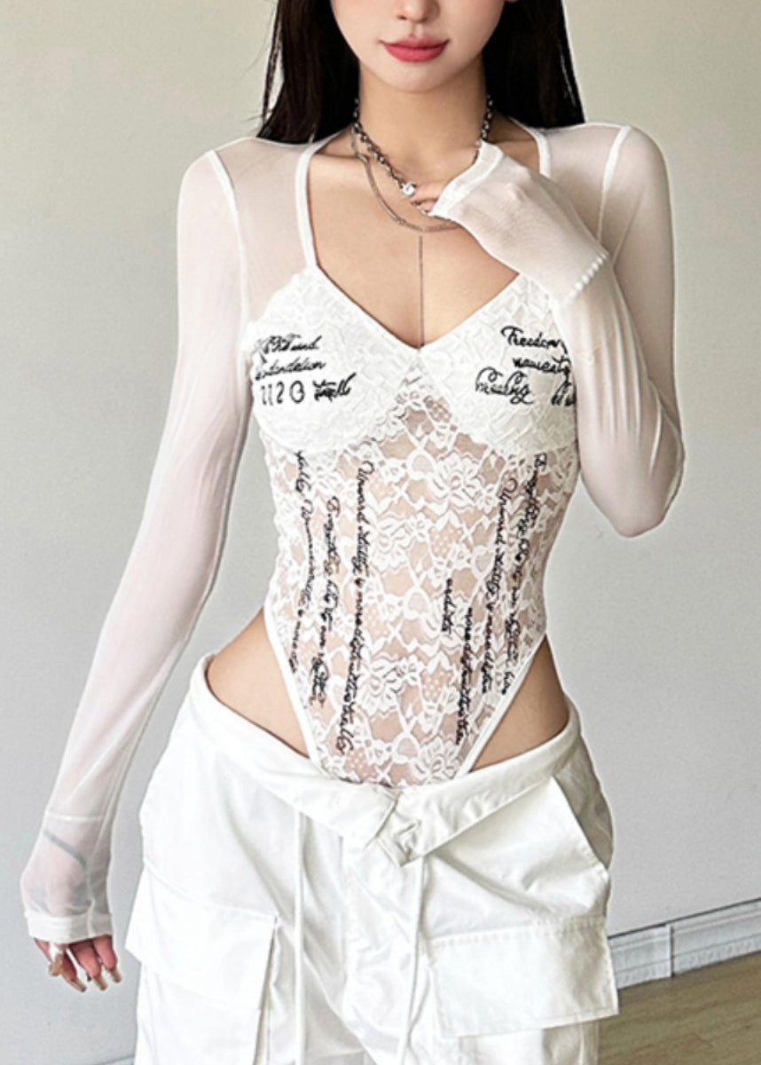 Bodysuit Lace Graphic Patchwork O-Neck Art Black Tulle FashionChic